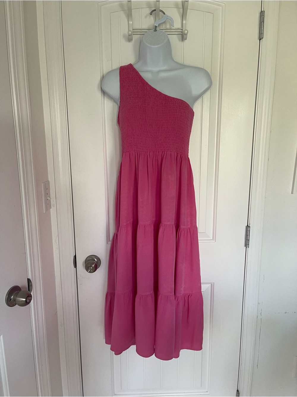 One-Shoulder Pink Tiered Midi Dress with Smocked Bodice